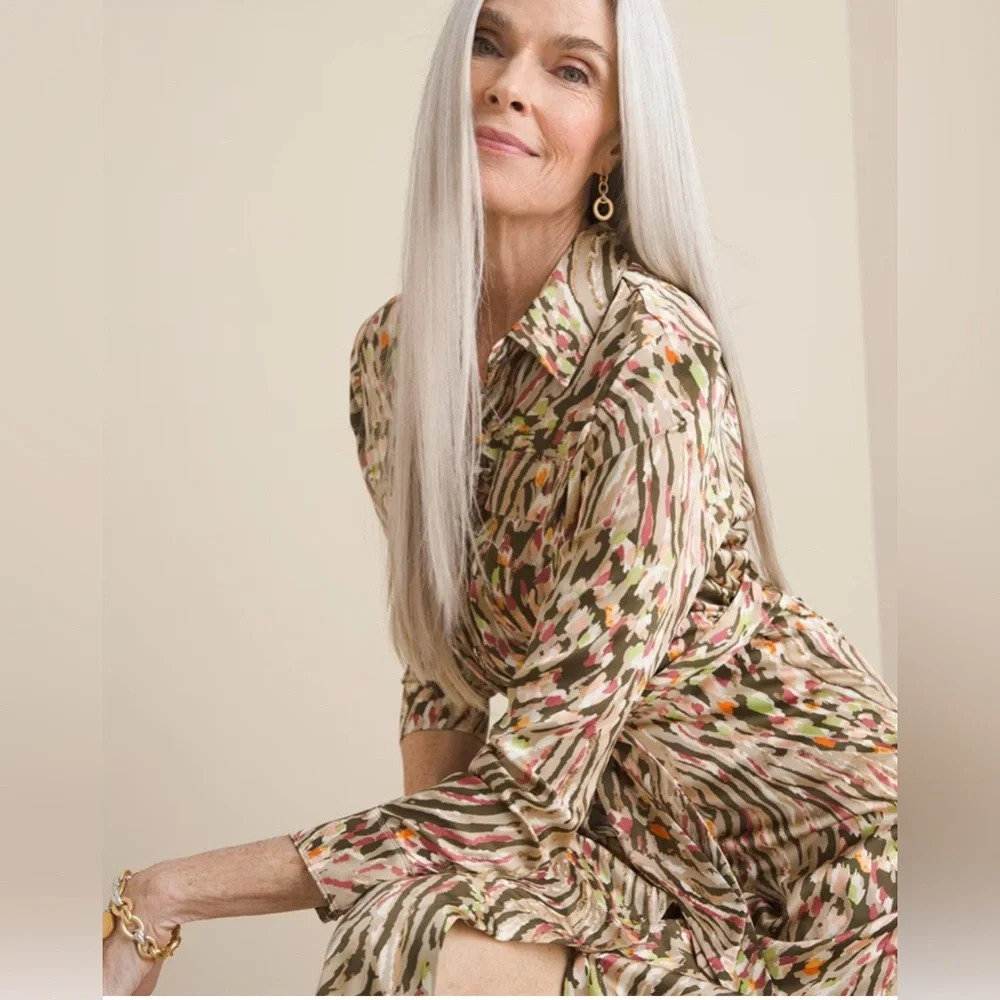 Chico's Maxi Shirt Dress Utility Satin Animal Print Silky - Picture 2 of 10